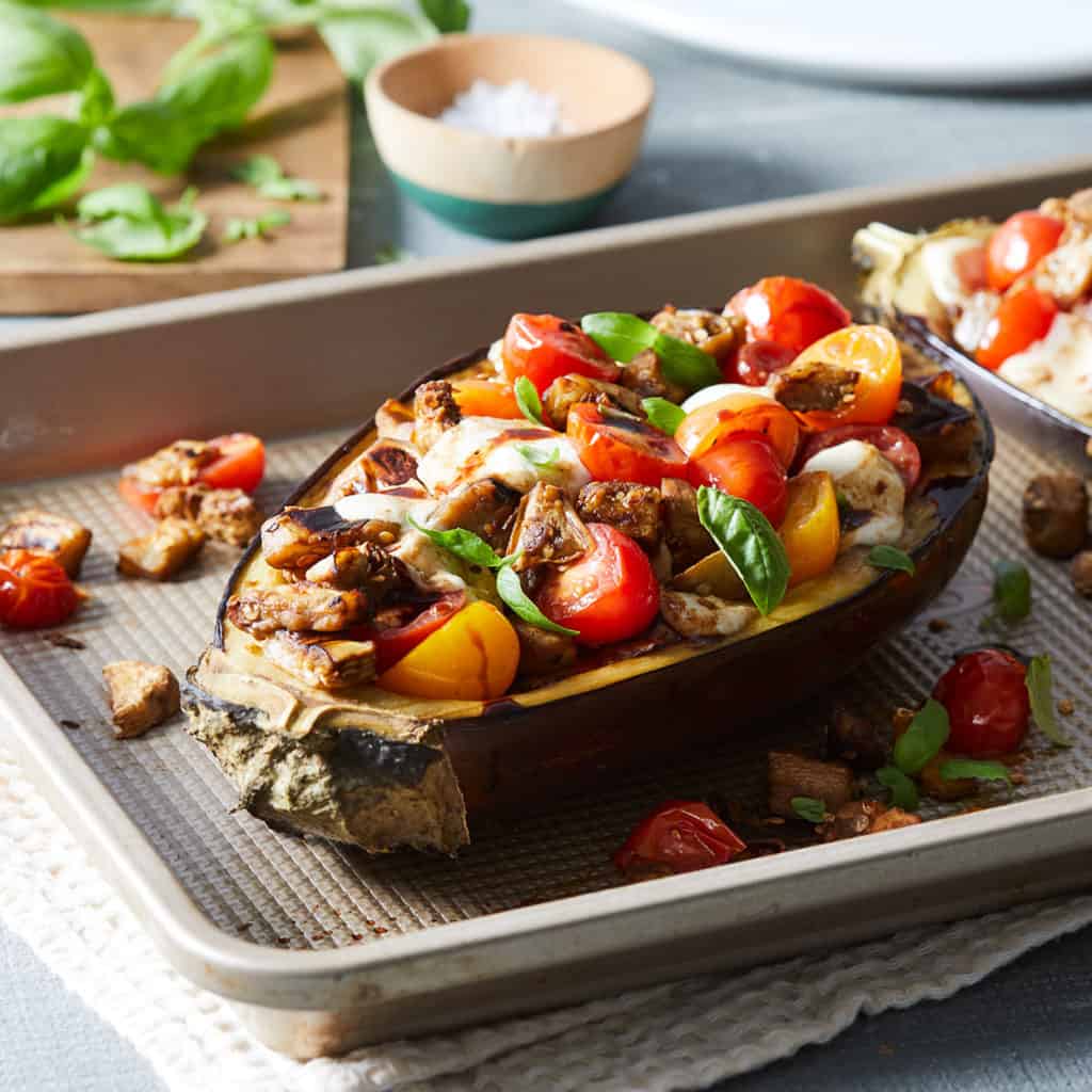 Eggplant stuffed with tomatoes, basil and a little mozzarella