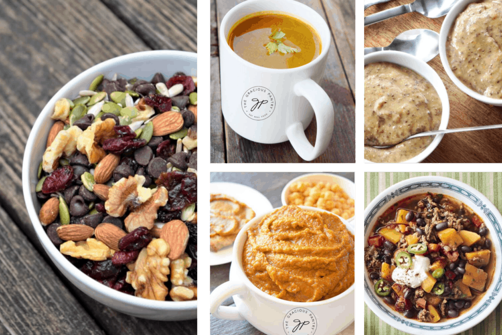 5 clean eating recipes including a bowl of pumpkin seed snack mix, a bowl of pumpkin chili, a large soup cup of pumpkin hummus, a cup of pumpkin soup, and two small bowls of pumpkin chia pudding